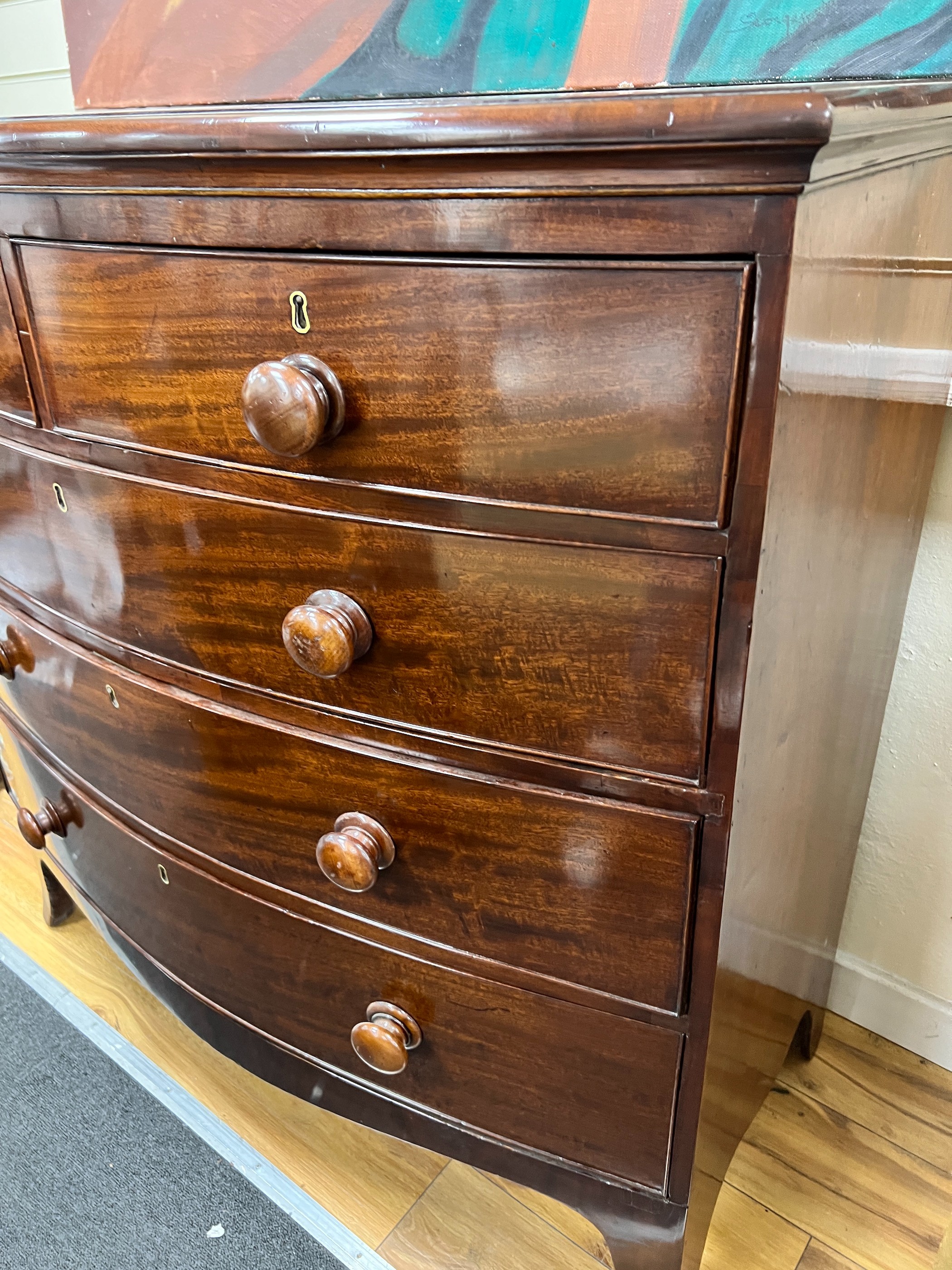A late Regency mahogany bowfront chest, width 108cm, depth 56cm, height 108cm